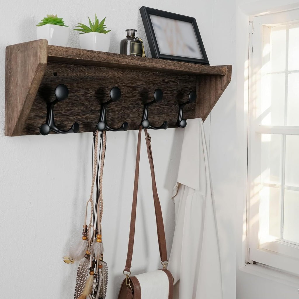 WEBI Wall Shelf with Hooks Underneath,24” Long Wall Mounted Coat Rack with Shelf,Entryway Coat Rack with 4 Triple Hooks for Hanging Coats,Jacket,Hallway,Bedroom,Mudroom,Weathered Brown