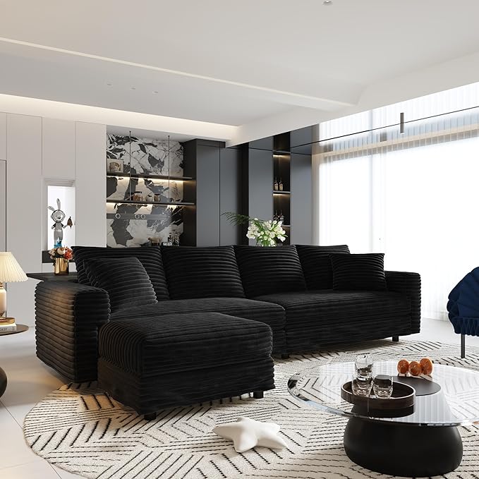KEIKI 102.4" Sectional Couches, Modern Comfy Upholstered Sofa Cloud Couch, Deep Seat 4 Seat Sofa Set with Soft Pillows and Movable Ottoman for Living Room, Apartment, Office, Black