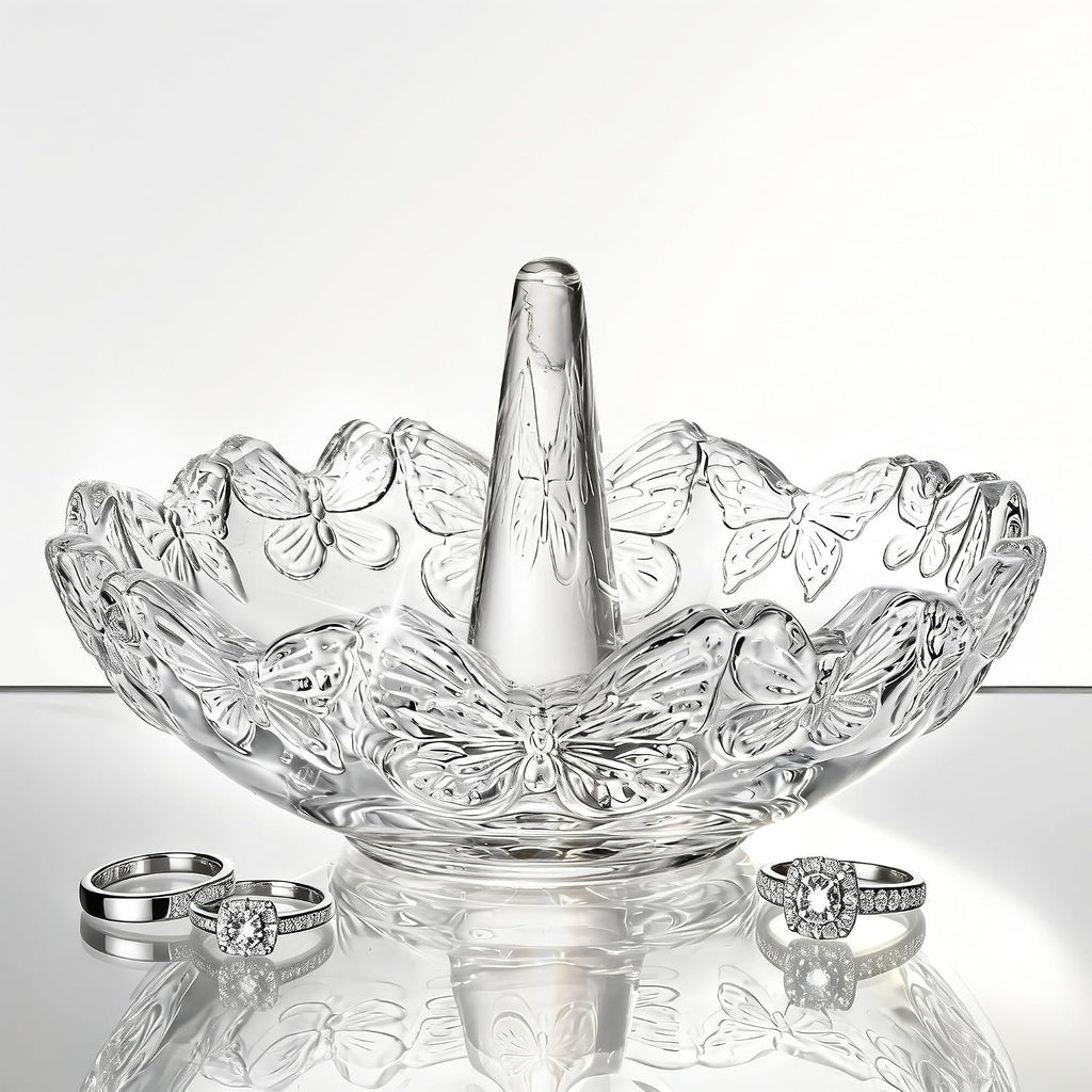 4" Crystal Ring Holder Dish, Glass Jewelry Tray, Decorative Trinket Tray | Vanity Jewelry Organizer for Rings Earrings Keys, Packaged Gift Box for Birthday Wedding Mother's Day Women Gifts