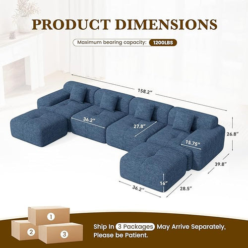 158" U Shaped Convertible Modular Couch, Cloud Couch Sectional with Ottoman, 6-Seater Chenille Boneless Couches for Living Room, Apartment, No Assembly, Blue 1PCS