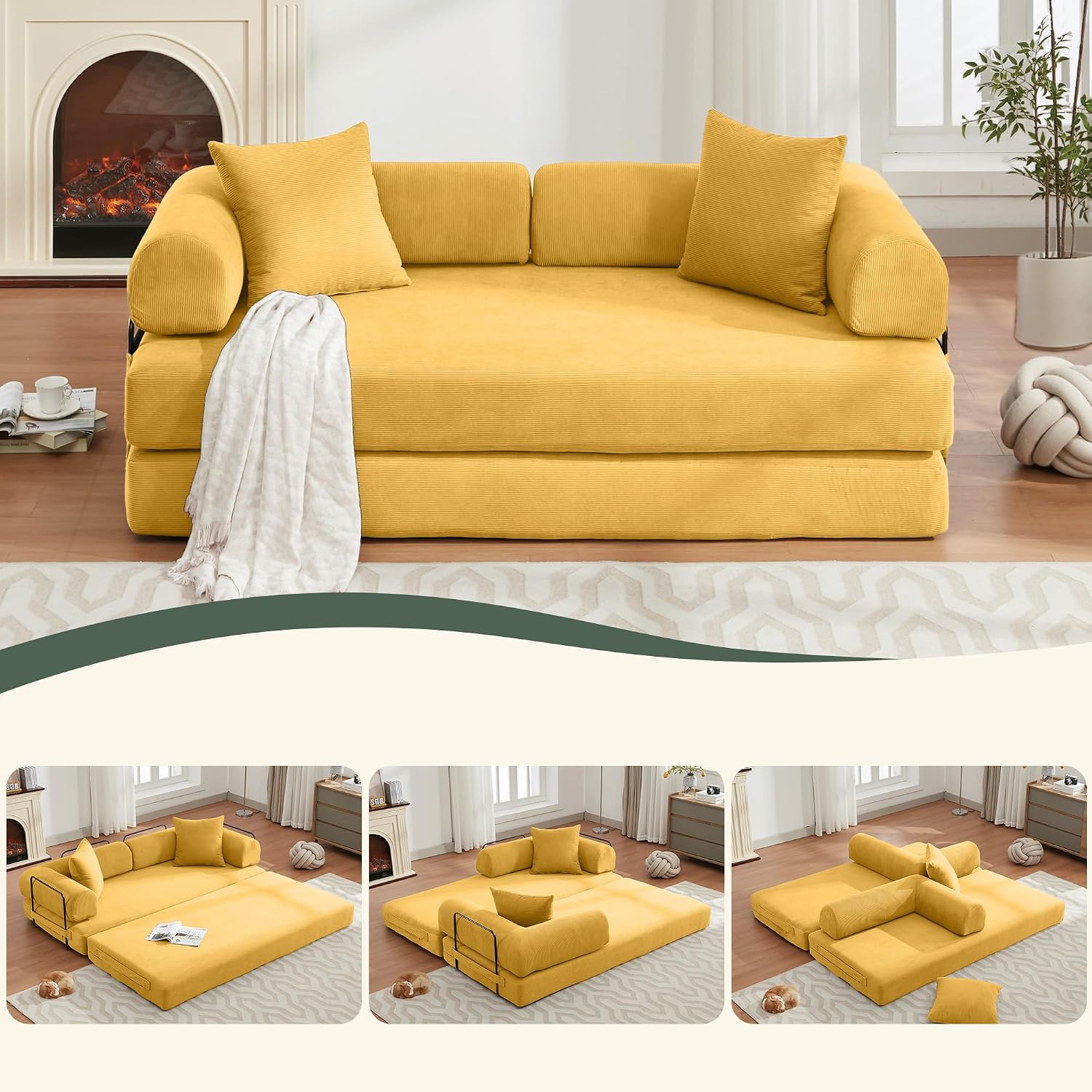 ZEIINPA Convertible Floor Sofa Bed with Fixed-Shape Frame, Modular Corduroy Folding Mattress Couch with Armrest, Floor Sofa Lounge Couch for Living Room Bedroom Lounge Studio -Yellow