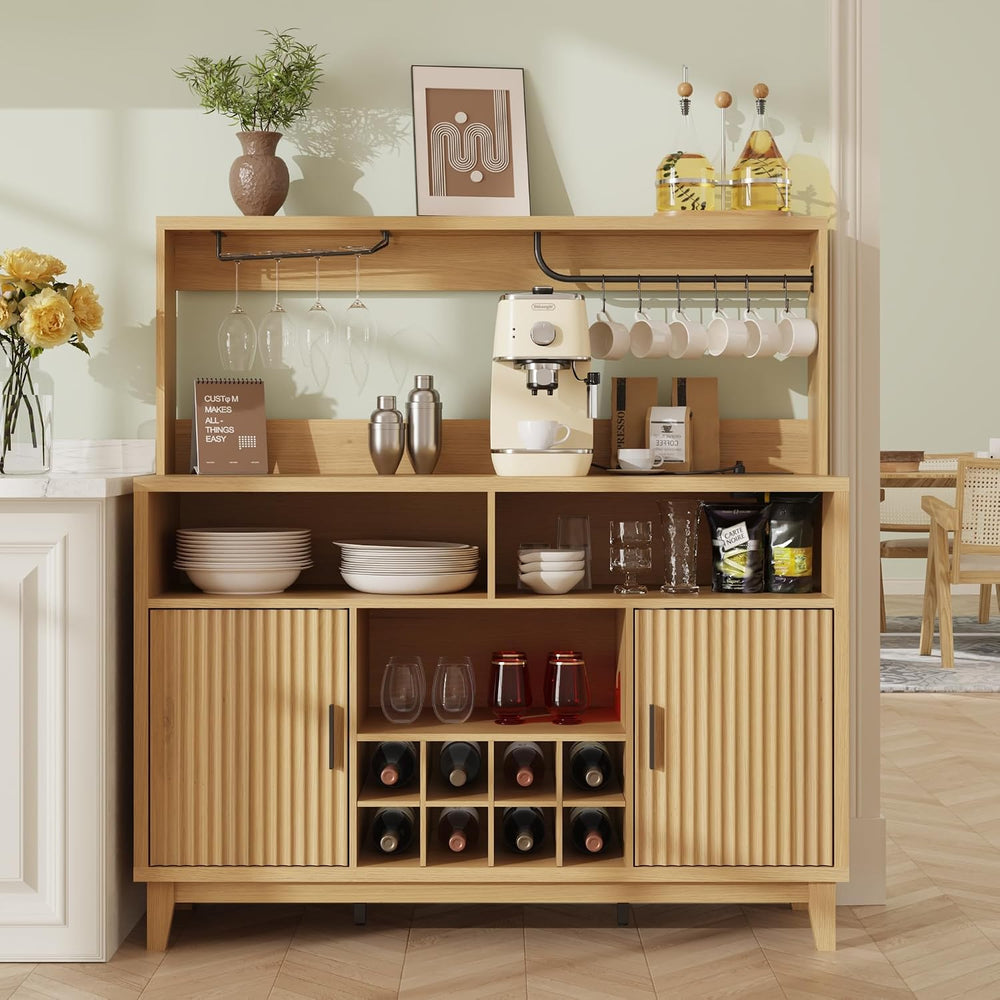 Fluted Coffee Bar Cabinet with Charging Station, 47.2" W Liquor Cabinet