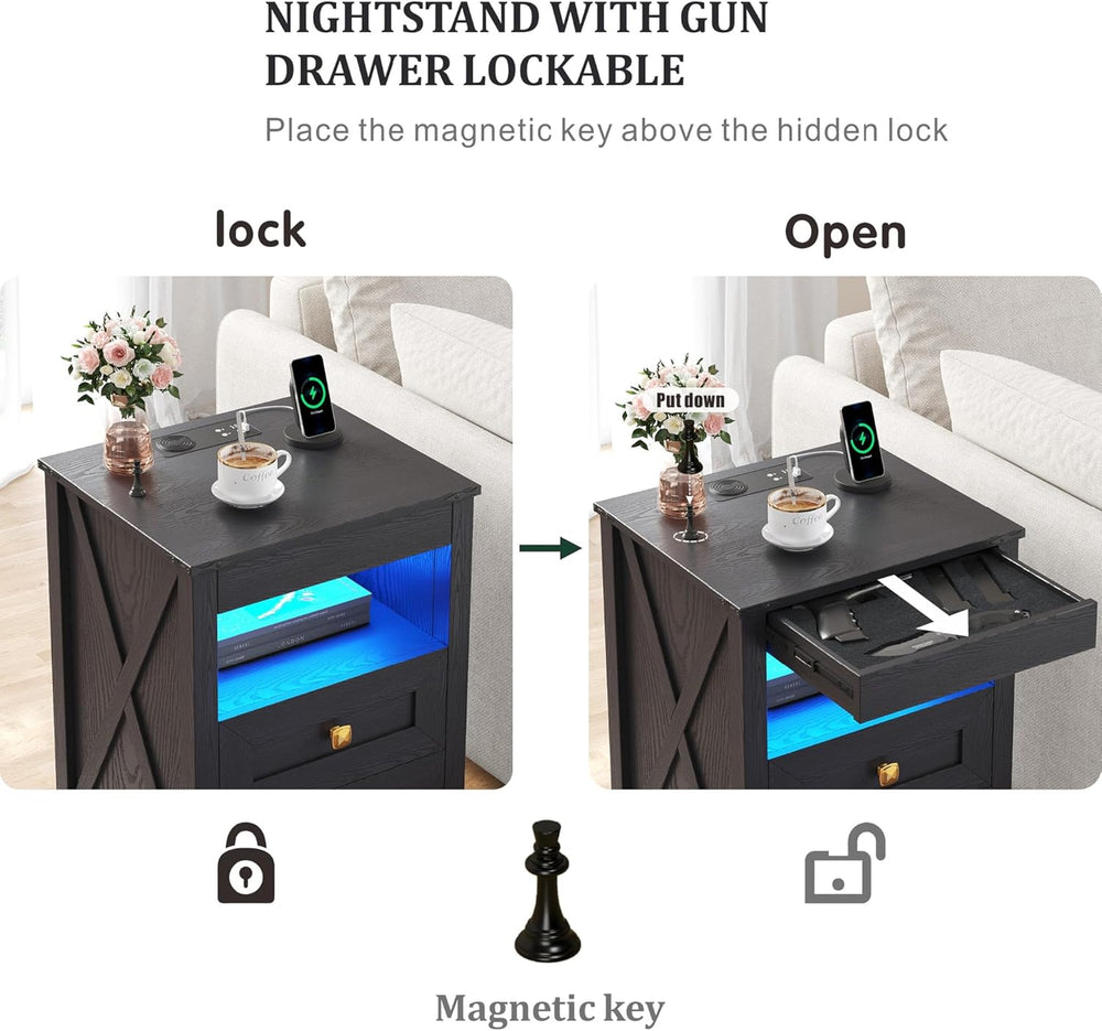 Farmhouse LED Nightstand Set 2 with Gun Drawer&Invisible Lock,Modern Beds...