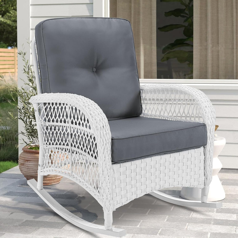 VIVIJASON Outdoor Wicker Rocking Chair, Patio Rattan Rocker Chair with Cushio...