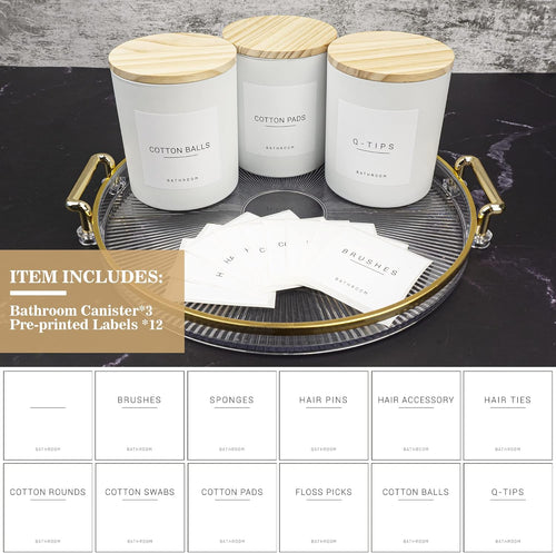 3PCS Farmhouse 13.53oz White Bathroom Canisters with 12 Labels & Wooden Lid Thick Glass Jar Set Qtip Holder for Cotton Ball & Pads Storage Organization Minimalist Decor