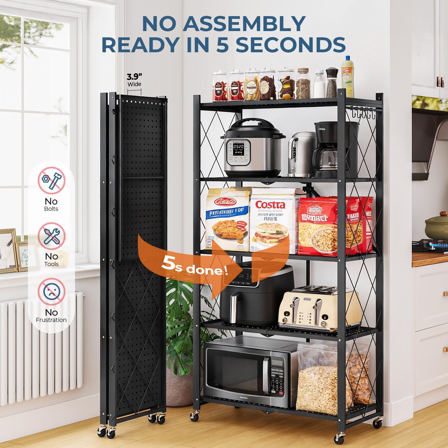 Upgraded 18% Thickened Portable 5-Tier Foldable Storage Shelves with Wheels Heavy Duty Storage Shelf Collapsible Shelves Unit Display for Garage Storage Kitchen Pantry & Closet Organizer, Matte Black