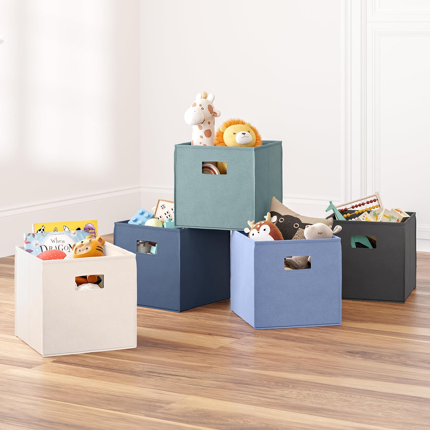 RiverRidge Folding Storage Bins - 2-pack of 10in Tall Cream Cubes | Fabric Bins, Set of 2 Storage Cubes, Cut-out Handles, Playroom Closet Organizer, Collapsible Cubby with Bottom Board Insert