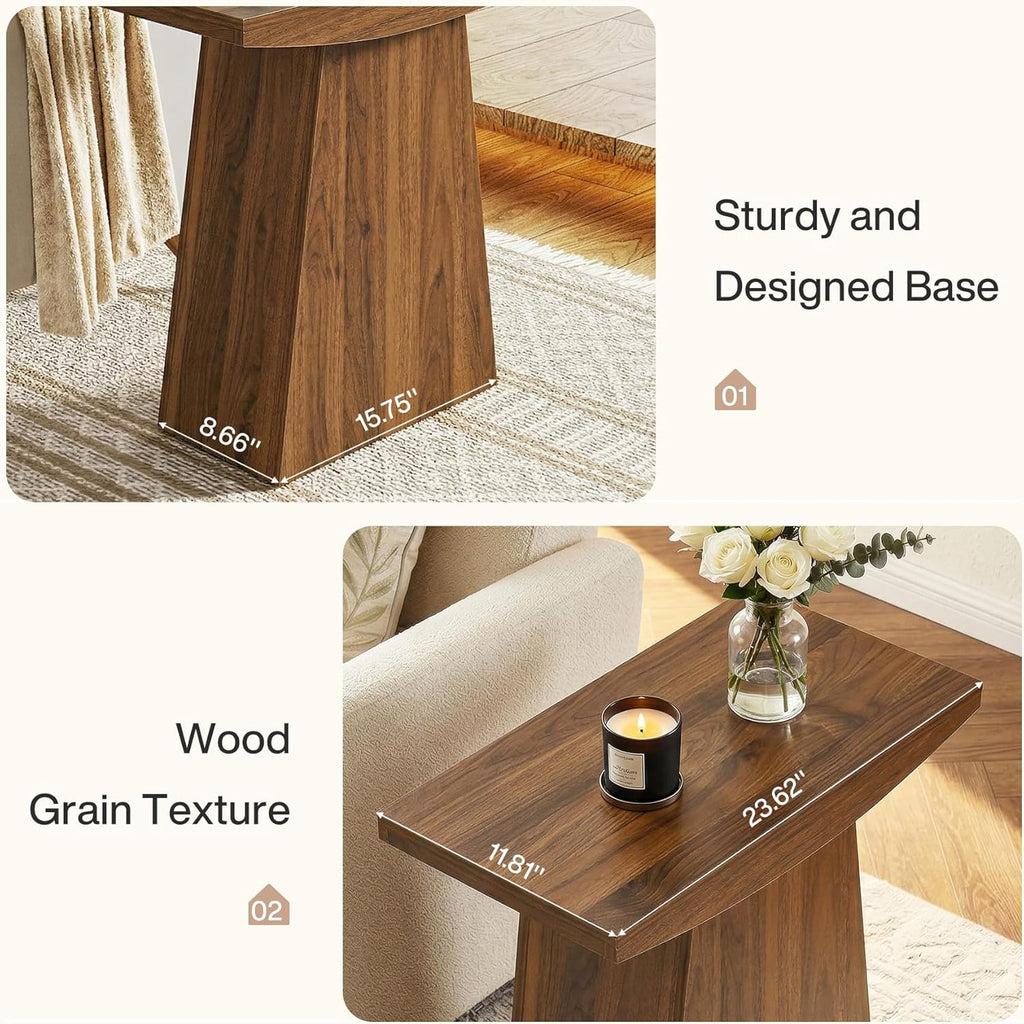 Tribesigns Pedestal End Table, Farmhouse Sofa Couch Side Table with Trapezoid Base, Wooden Accent Drink Stand Nightstand for Living Room, Small Space, Walnut Brown