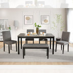 KEIKI 6-Piece Standard Height Dining Table Set with Rectangular Table, 4 Upholstered Curved Backrset Chair, Bench, for 6 Person, Modern Table Set, Easy Assembly, for Kitchen, Dining Room, Black+Gray