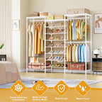 E16 Heavy Duty Clothing Rack（With 7-Tier Adjustable Shoe Rack） Freestanding Clothes Rack for Hanging Clothes，Metal Closet Storage Organizer Large Wardrobe，69'' W x 15.8'' D x 76.2'' H，White