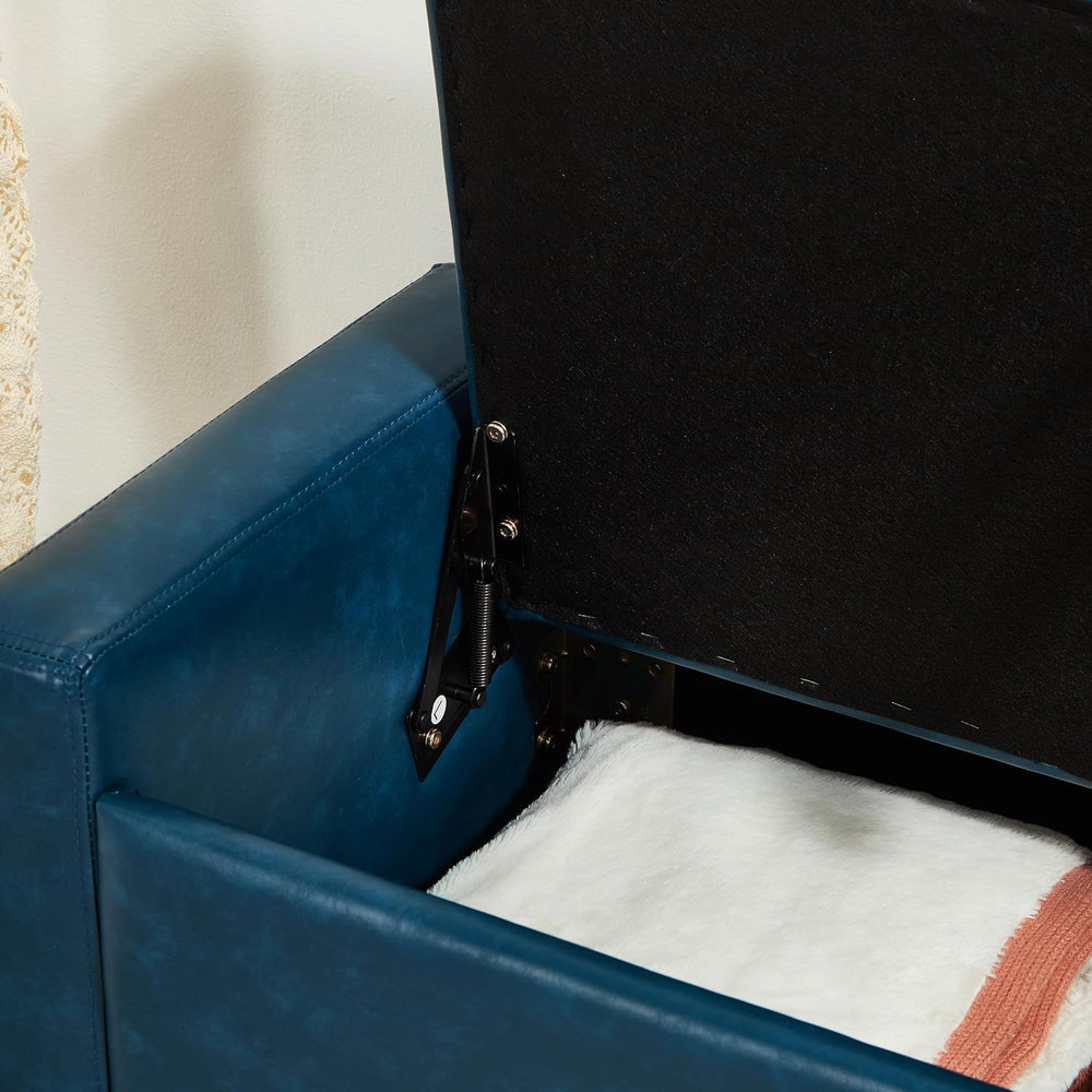 48" Storage Ottoman Bench, Blue | Faux Leather, Lift Top, For Living Roo...