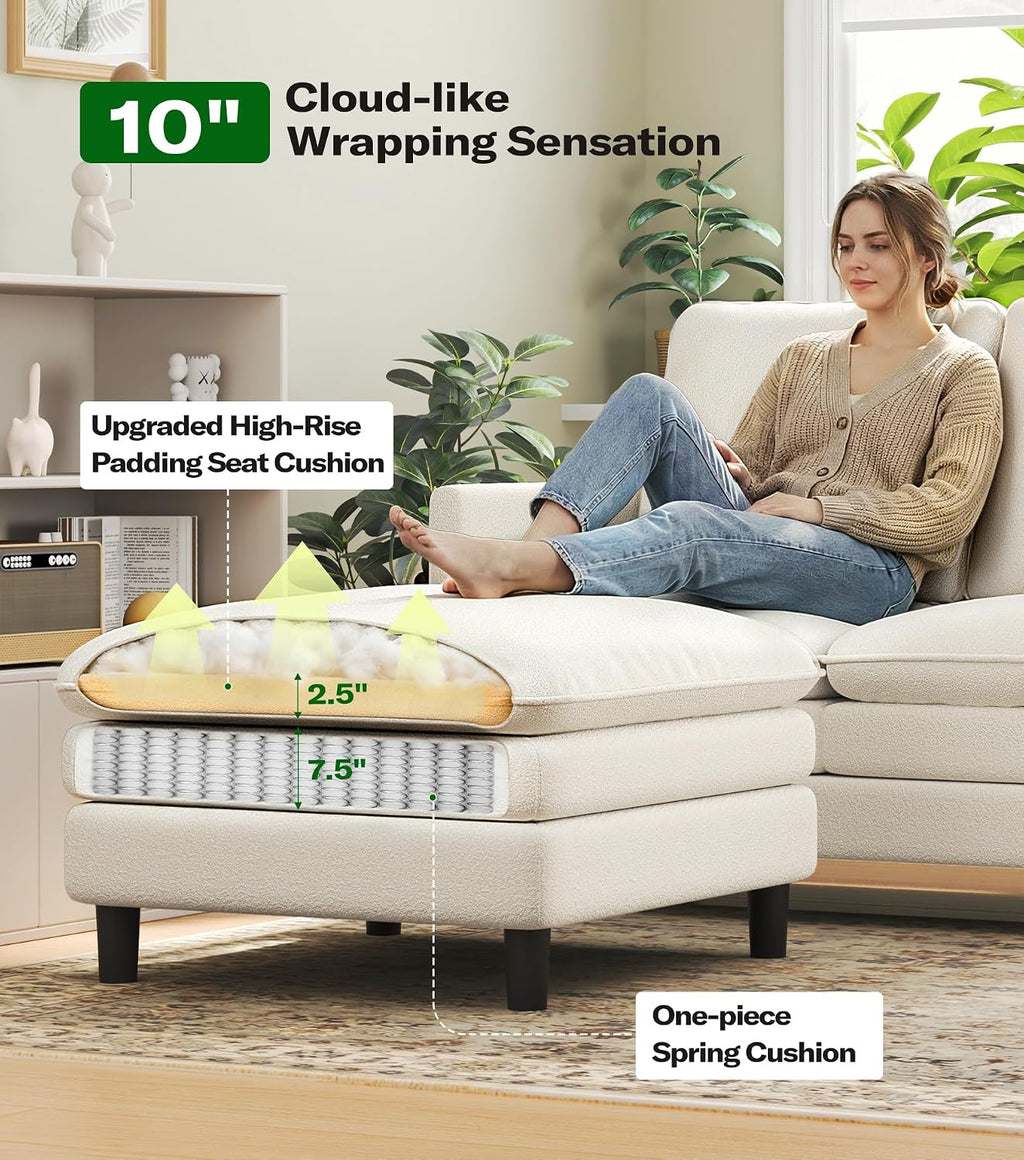 Welzona 3-Layers Cloud L Shaped Couch, 51" Teddy Sofa and Loveseat Set | Comfy Teddy Fabric, Washable Covers, Tool-Free Setup, All-wood Cloud Couches for Living Room, Bedroom, Small Spaces, Beige