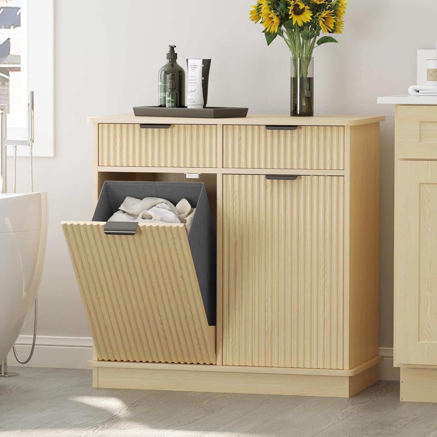 Natural Double Tilt Out Laundry Hamper Cabinet Laundry Basket Cabinet Hidden Laundry Hamper with 2 Drawers & 2 Baskets for Bathroom Bedroom,30x30x16in