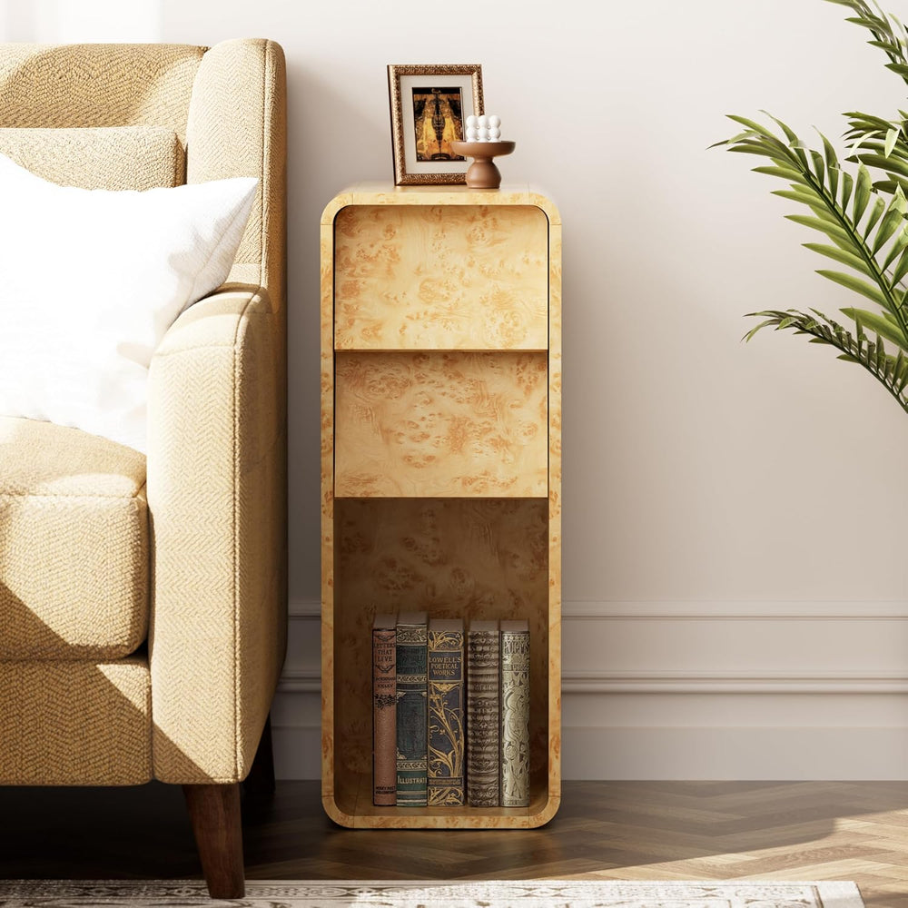 Aoikax Modern Burl Finish End Table with 2 Drawers and Open Storage, Curved W...