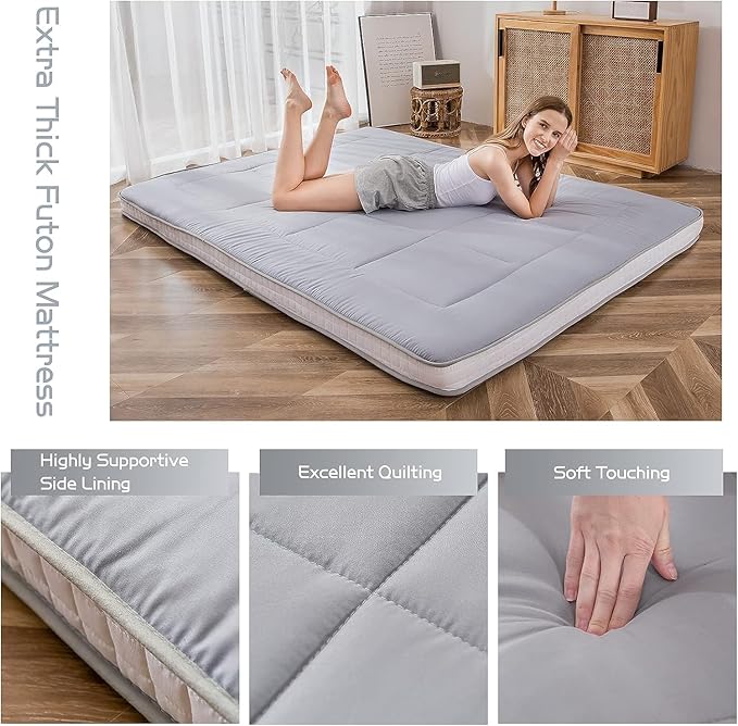 MAXYOYO King Futon Mattress Foam Mattress Topper, Japanese Floor Mattress Foldable Mattress Futon Bed Mattress Pad Guest Bed Mattress, Extra Thick Folding Floor Couch for Adults, Grey King Floor Bed