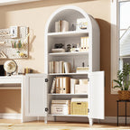 IDEALHOUSE Arched Kitchen Pantry Cabinet with Doors, 5 Tiers Open Boho Display Shelf with Rattan Decor, Farmhouse Storage Cabinet for Dining Room, Living Room, Bathroom, Home Office, White