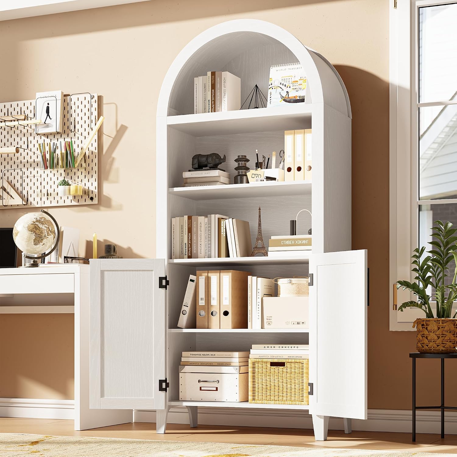 IDEALHOUSE Arched Kitchen Pantry Cabinet with Doors, 5 Tiers Open Boho Display Shelf with Rattan Decor, Farmhouse Storage Cabinet for Dining Room, Living Room, Bathroom, Home Office, White