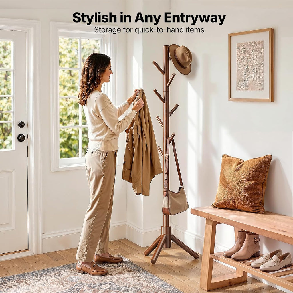 AMADA Solid Wooden Coat Rack Freestanding with 8 Hooks, Walnut | 100% solid wood, 3 height options, widened base for stability, tool-free assembly, smooth rods & hooks prevent clothing snags