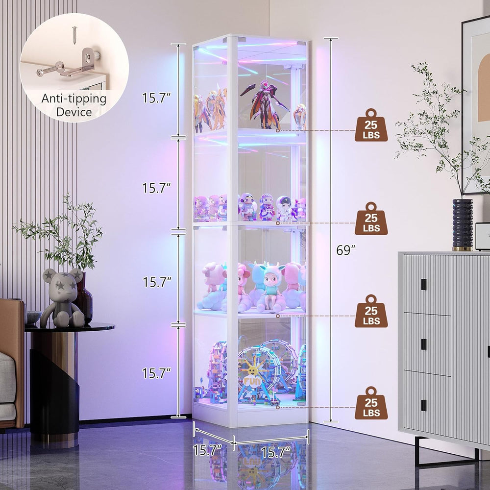 Corner Glass Display Cabinet with RGB Lights, 68" Curio Cabinet with Gla...