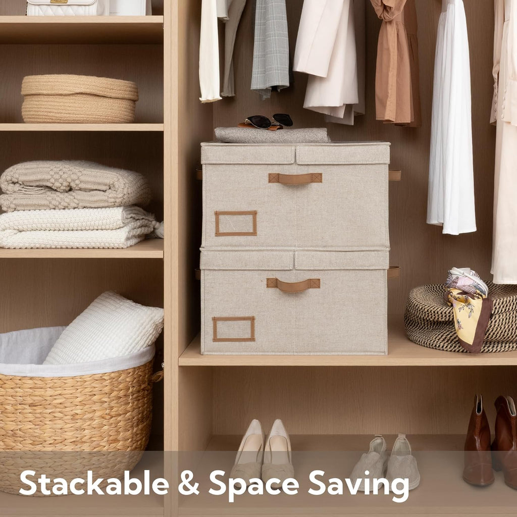 StorageWorks Large Clothes Storage Bins, Fabric Boxes with Divider Board, Baskets for Clothes, Linen Closet Organizers with Lid, Mixing of Brown & Beige, 2-Pack