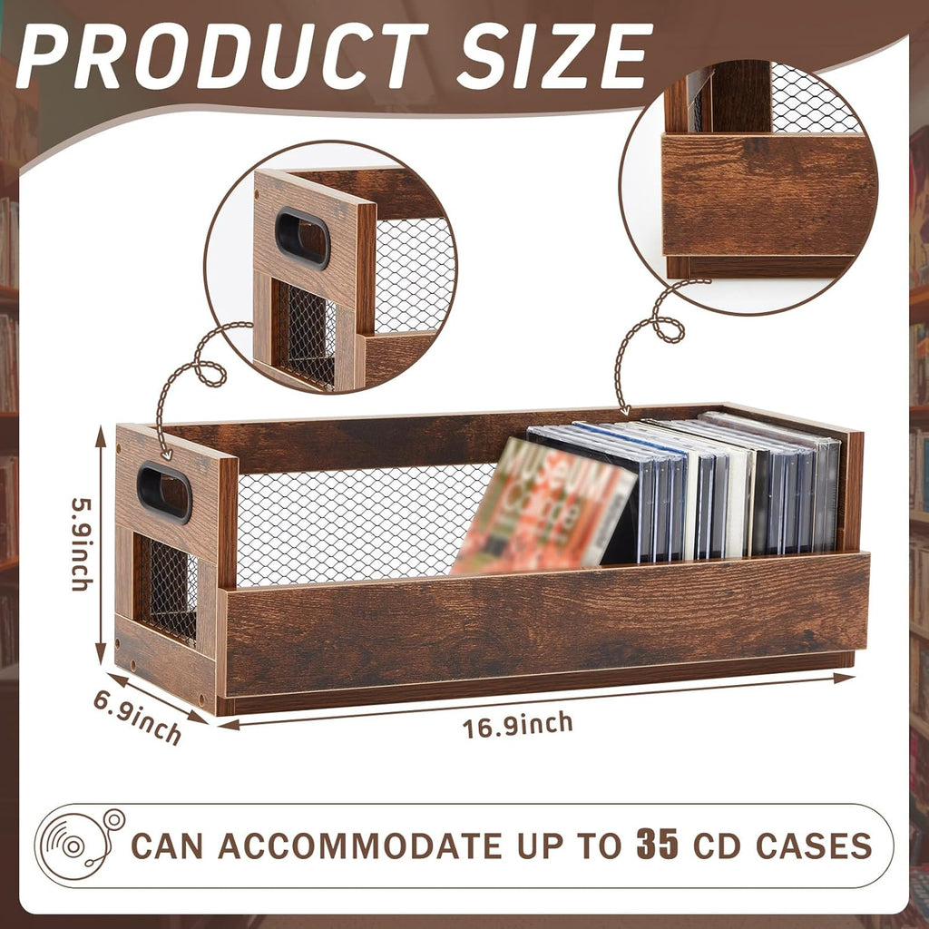 Jetec 1 Set Retro CD Storage Box - Father's Gift for Dad, Metal & Wood Holder Shelf with Handles, Cassette & DVD Organizer, Holds up to 36 CDs & Movie Cases, Vintage Display Rack