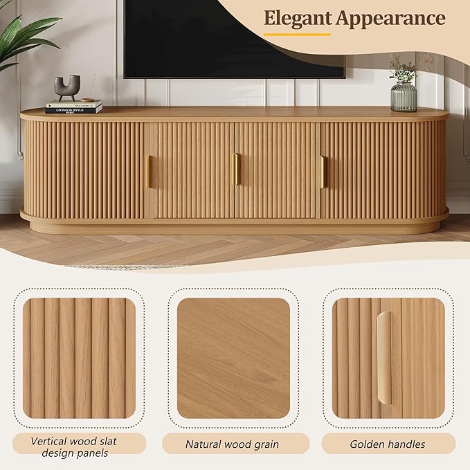 Farmhouse Wooden TV Stand with Sliding Tambour Door for TVs up to 75", Fluted Media Console with Adjustable Storage, Golden Handle TV Cabinet with Cable Holes for Living Room, Natural