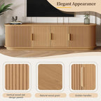 Farmhouse Wooden TV Stand with Sliding Tambour Door for TVs up to 75", Fluted Media Console with Adjustable Storage, Golden Handle TV Cabinet with Cable Holes for Living Room, Natural