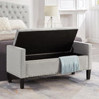 Upholstered Velvet Storage Ottoman Bench with Nail Trims,Soft Padded Seat with Armrest,for Living Room,Bedroom,Entryway,Easy to Assemble,Gray