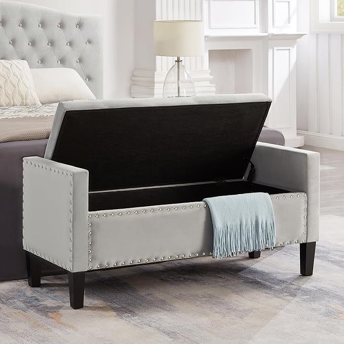 Upholstered Velvet Storage Ottoman Bench with Nail Trims,Soft Padded Seat with Armrest,for Living Room,Bedroom,Entryway,Easy to Assemble,Gray