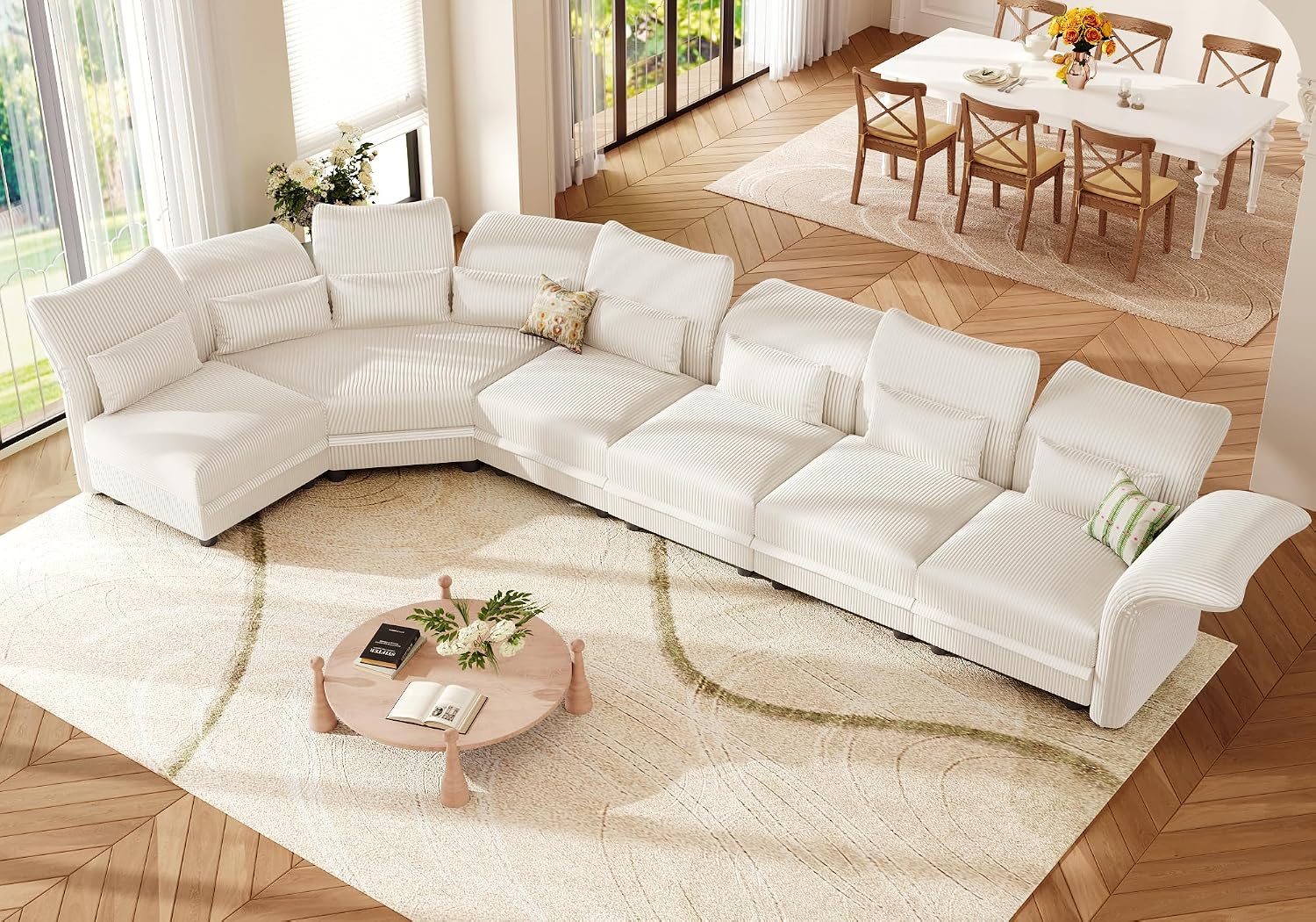 LLappuil L Shaped Curved Sectional Sofa with Storage & Extra Large Hexagon Seat, Beige Corduroy Modular Sectional Sofa for Living Room with Adjustable Arms & Backs, 6 Seat