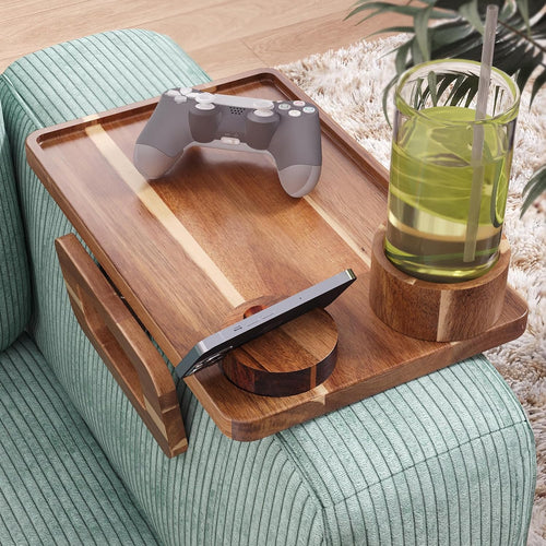 3 in 1 Acacia Wood Couch Arm Tray,Couch Tray with Cup Holder and Phone Holder,Folding Sofa Armrest Trays Clip-On Sofas Desk for Drinks,Snacks,Phone,Remote Control