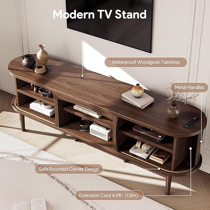 Mid Century TV Stand for TVs up to 80 Inches, Entertainment Center with Storage, Power Outlet, Fluted Sliding Doors & Adjustable Shelves, Modern Media TV Console Table for Living Room (Walnut)