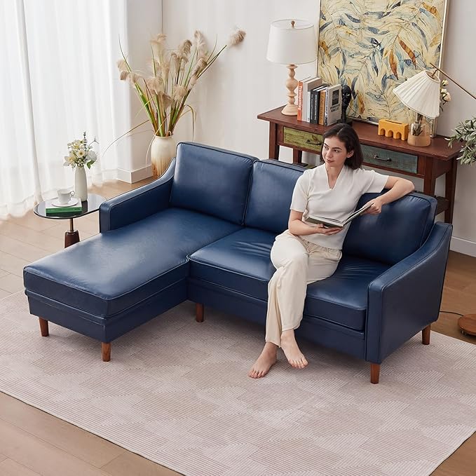 Kingfun 88" L-Shape Sofa, Chenille Sectional Couch, Mid Century Modern Couches with Solid Wood Frame for Living Room & Bedroom, Royal Blue