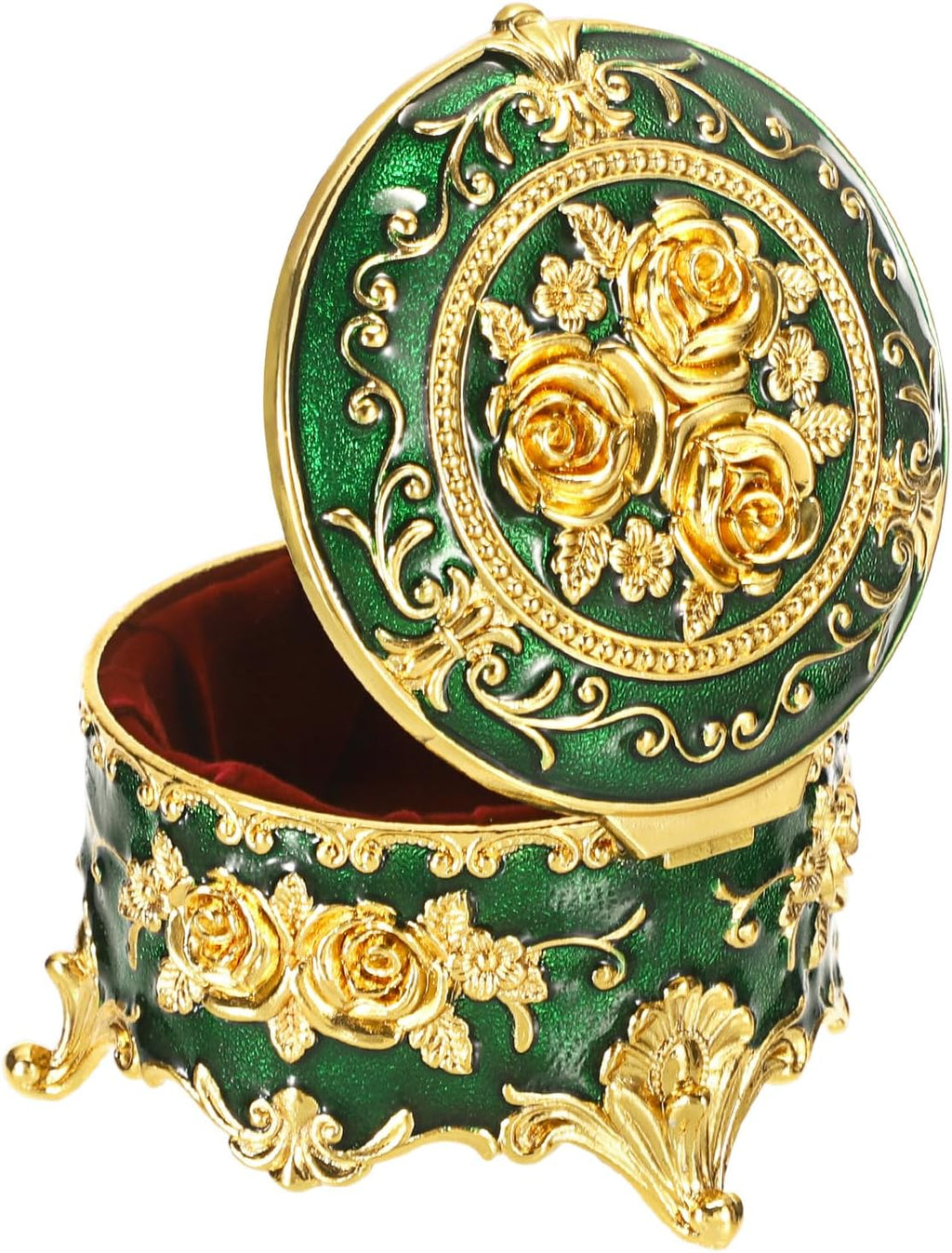 Hipiwe Vintage Metal Jewelry Box Small Ring Holder, Green with Gold Rose | Round Treasure Chest Keepsake Boxes, Trinket organizer for Earrings Necklace Gift for Women