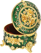 Hipiwe Vintage Metal Jewelry Box Small Ring Holder, Green with Gold Rose | Round Treasure Chest Keepsake Boxes, Trinket organizer for Earrings Necklace Gift for Women