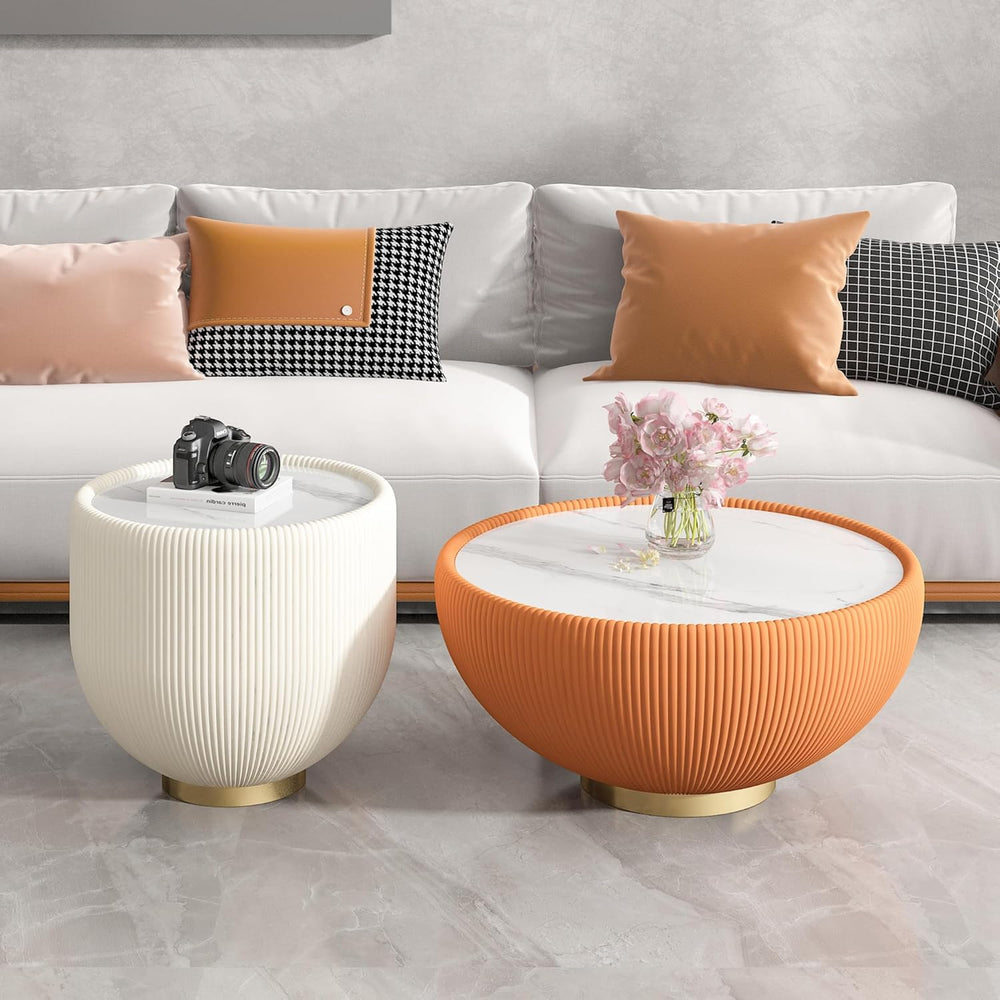Modern Round End Table, Elegant Bowl Shaped Accent Sofa Side Table with Sinte...