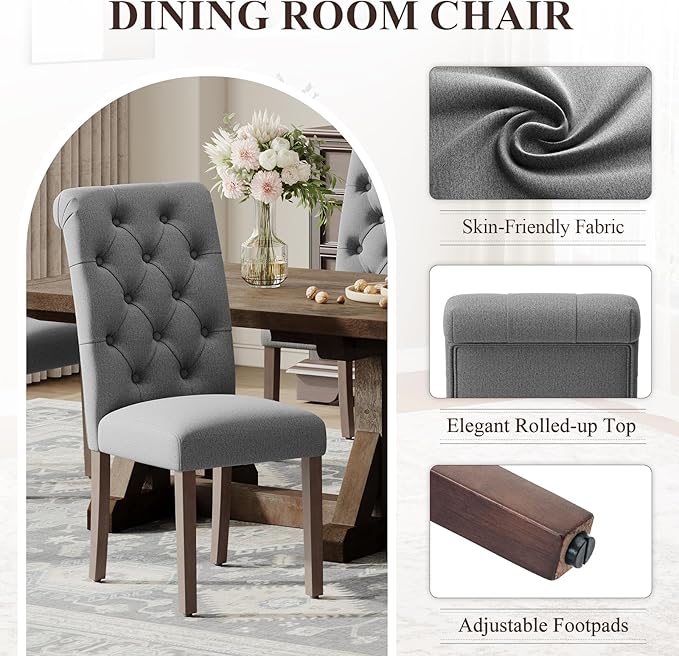 Upholstered Tufted Dining Room Chairs Set of 6, Parsons Kitchen Chairs with Padded Seat and Solid Wood Legs, Fabric Accent Side Diner Chair for Dining Room/Kitchen/Living Room, Grey