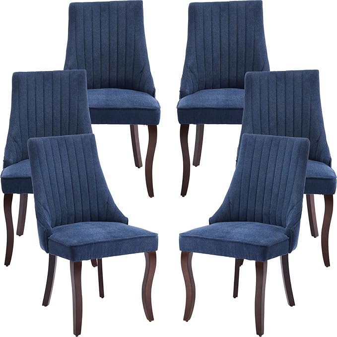 Mid Century Dining Chairs Set of 6, Navy Modern Kitchen & Dining Room Chairs Set of 6, Linen Upholstered Kitchen Chairs, Sillas de Comedor, Wood Legs (Blue, 6 Pcs)