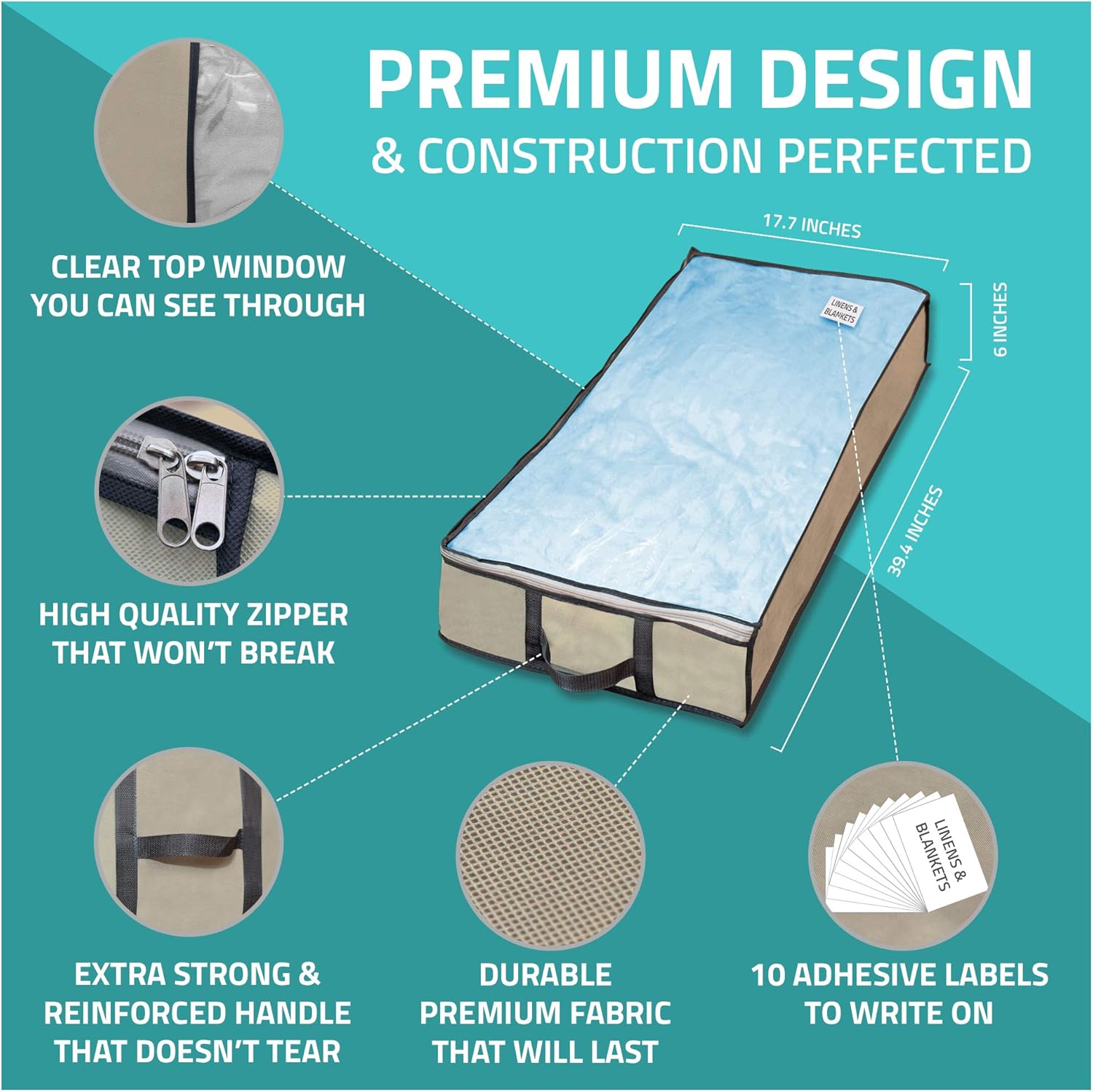 Underbed Storage Bag 2 Large Under-the-Bed Storage Containers and Organizer Bin Reinforced Handles Metal Zipper Foldable Under-Bed Storage Bags and Containers by Nest Neatly, Beige