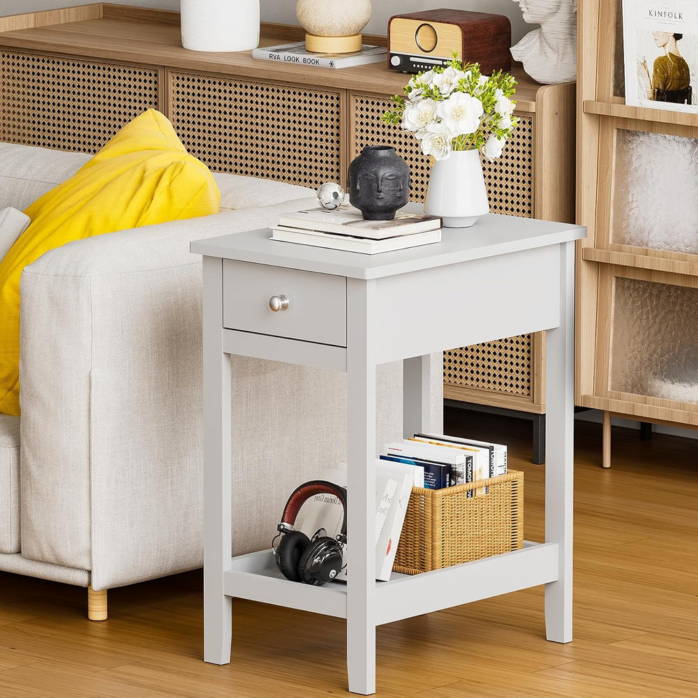 SEJOV End Table Set of 2, Narrow Night Stand with Drawer and Shelves, 2-Tier ...