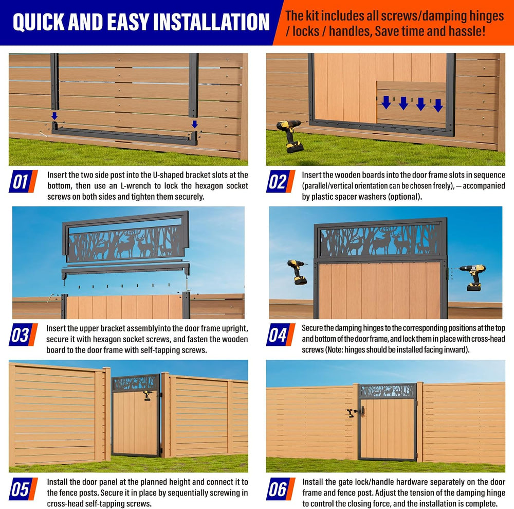 4x6FT (46.78" W X 70.8" H) Stainless Steel Anti Sag Wooden Fence Ga...