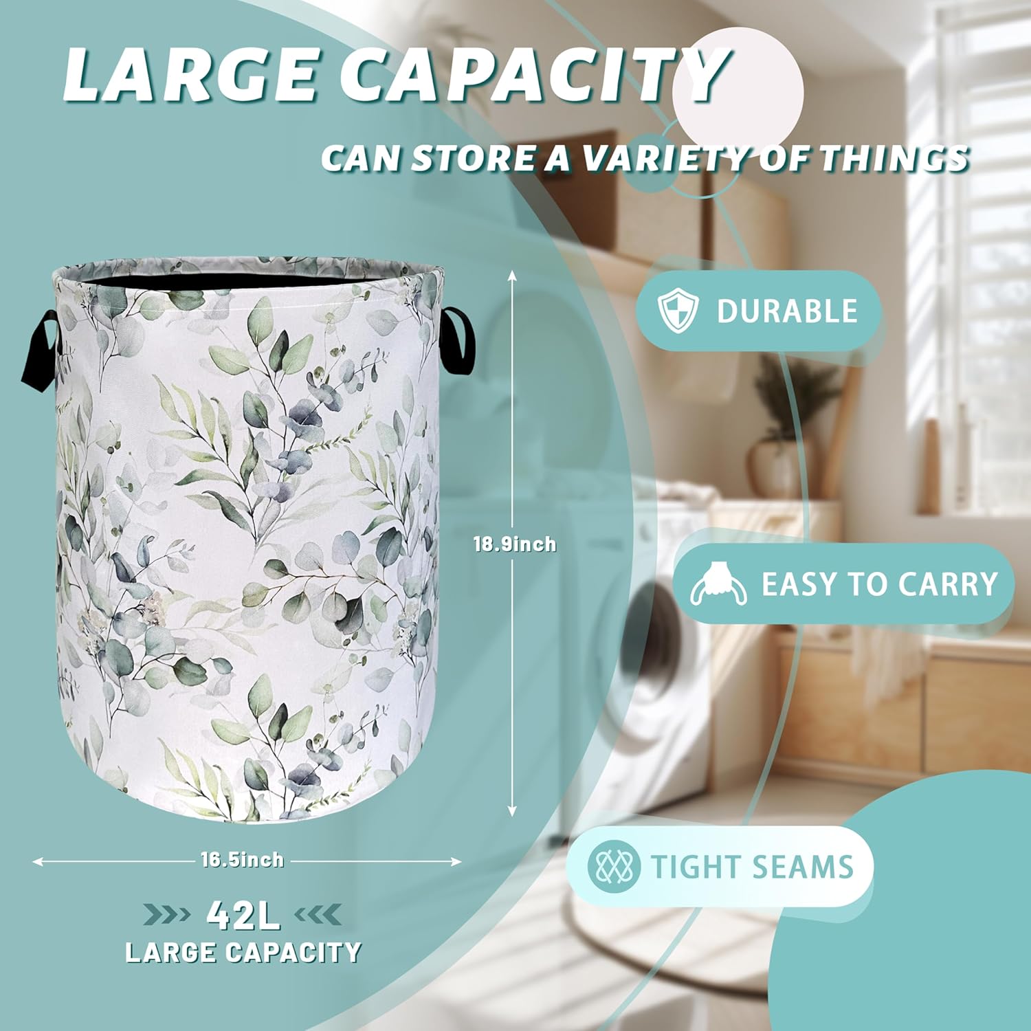 Watercolor Green Leaves Branches Laundry Hamper With Handles Foldable Oxford Cloth Tote Bag Colorful Laundry Basket Clothes Toy Storage Bucket 18.9" x 16.5" For Bathroom/Laundry/Bedroom