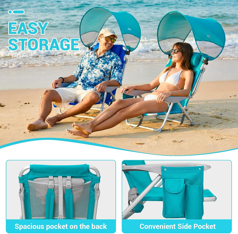 #WEJOY Beach Chair with Canopy Shade, Reclining Adjustable 4 Position, Lay Fl...