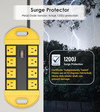 CCCEI GFCI Outdoor Power Strip Weatherproof with 8 AC, Waterproof Extension Cord with Multiple Outlets, Wall Mount Surge Protector Flat Plug, Christmas Exterior Garden, Yard, 15FT, Yellow.
