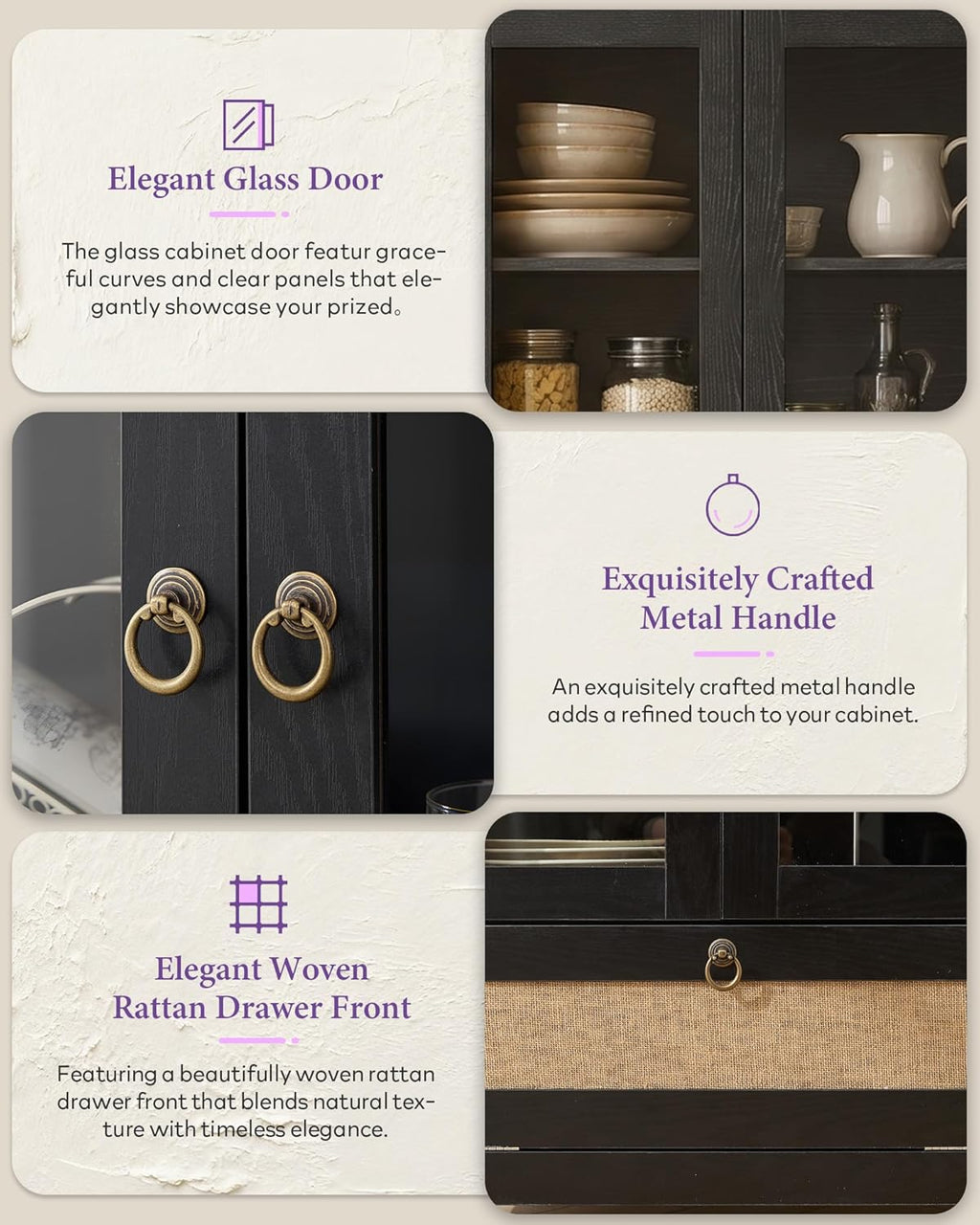 75'' Black Arched Cabinet, Arch Pantry Storage Cabinet with 3 Glass Doors | TYBOATLE, Pantry Cabinet, Farmhouse Style, Rattan Drawers, Anti-Tip Device, Kitchen, Bathroom, Dining Room, Cupboard Storage