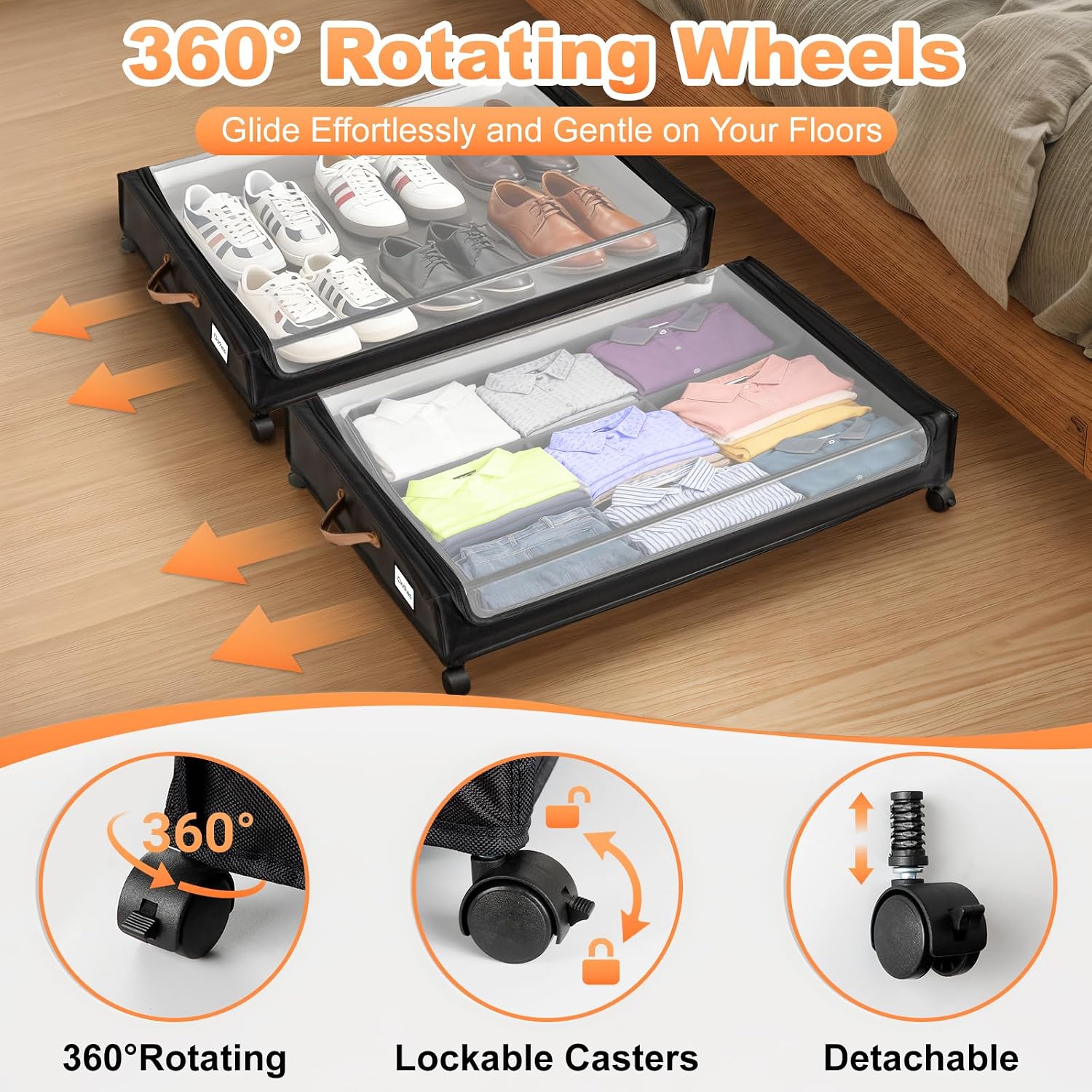 80L Large Under Bed Storage with Wheels, 2-Pack XXL Underbed Shoe Storage | Fit Most Bed, Removable & Locakable Wheels, Sturdy Metal Frame, Clear Lid, Easy Install, for Off-Season Clothes/Blankets