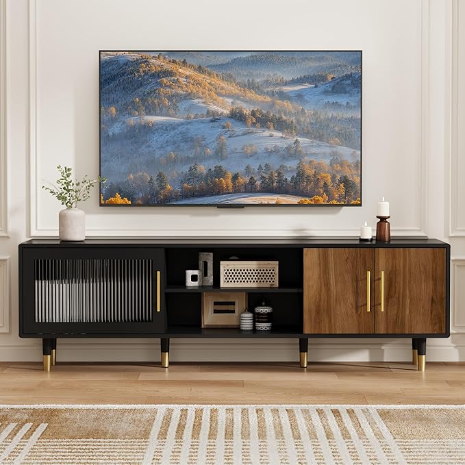 TV Stand with Glass Sliding Door, 66” Mid Century Modern TV Cabinet for TVs up to 75 inch, Entertainment Center with Storage Cabinet, Television Console for Living Room, Bedroom, Black