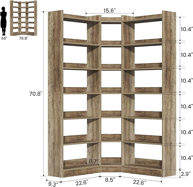 70.8" Tall Corner Bookshelf and Bookcases, 7 Tiers Morden Large Etagere ...