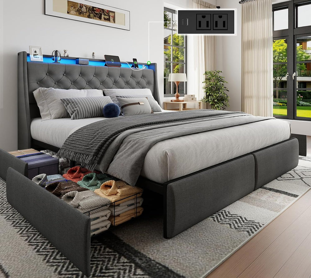 Upholstered Queen Size Bed Frame with 4 Storage Drawers and LED Lights