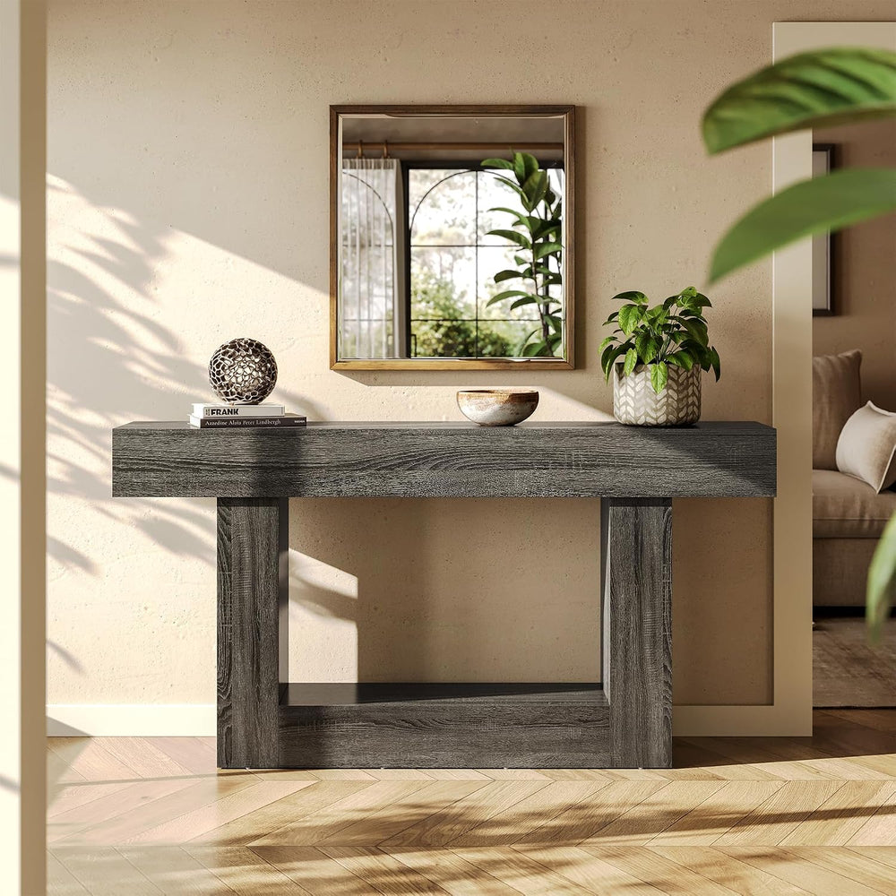LITTLE TREE 63 Inches Long Console Table, 2-Tier Farmhouse Sofa Table Behind ...